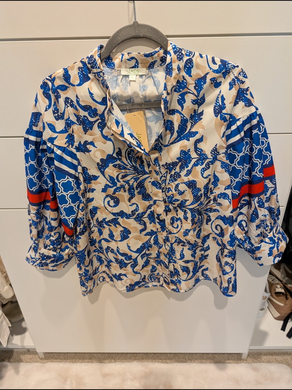 Jade Blue, Cream & Red Printed Button-Front Blouse